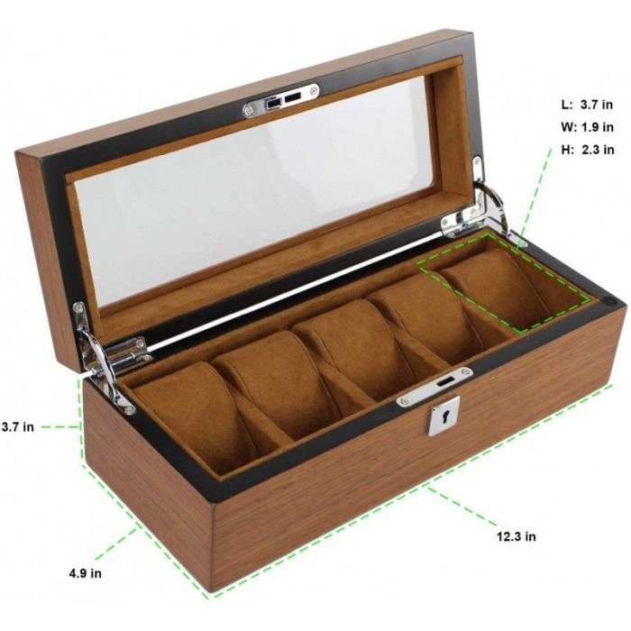 Cutie de ceasuri premium din lemn masiv, pentru 5 ceasuri, capac cu sticla DOTY [5]