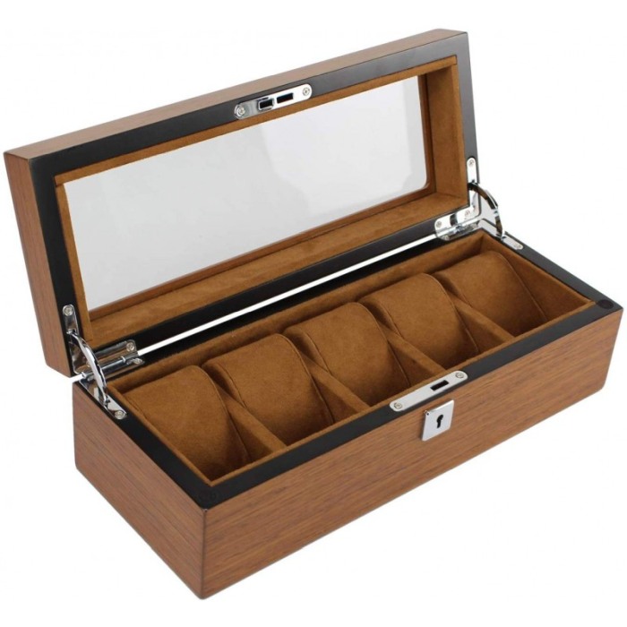 Cutie de ceasuri premium din lemn masiv, pentru 5 ceasuri, capac cu sticla DOTY [2]