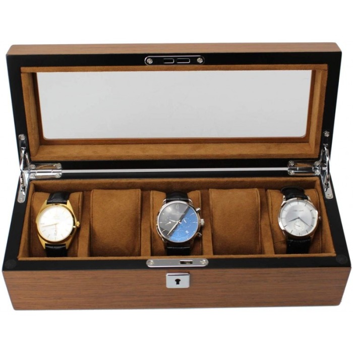 Cutie de ceasuri premium din lemn masiv, pentru 5 ceasuri, capac cu sticla DOTY [6]