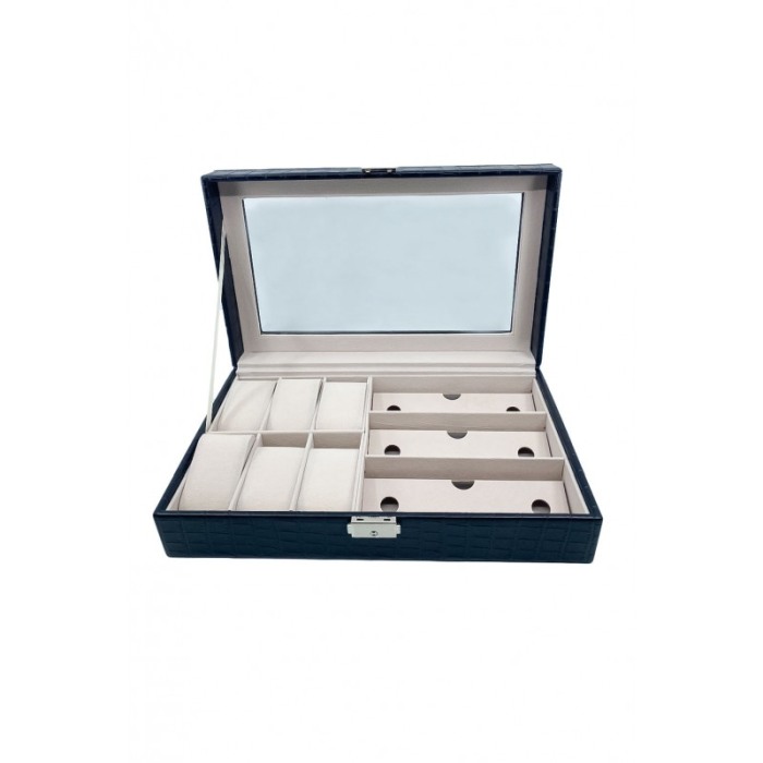 Cutie depozitare 2 in 1, pentru ceasuri si ochelari, piele ecologica de tip croco, negru, 33x20x9 cm,Doty®️ [1]