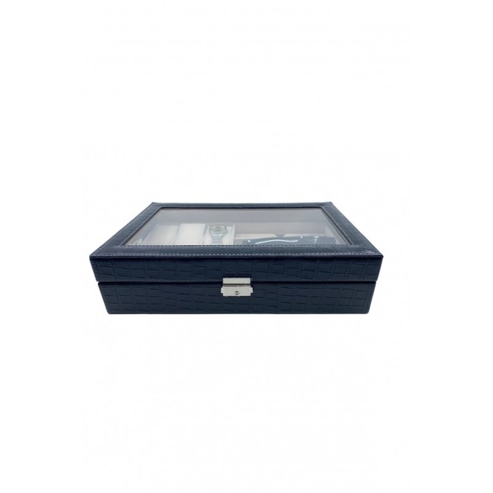 Cutie depozitare 2 in 1, pentru ceasuri si ochelari, piele ecologica de tip croco, negru, 33x20x9 cm,Doty®️ [3]