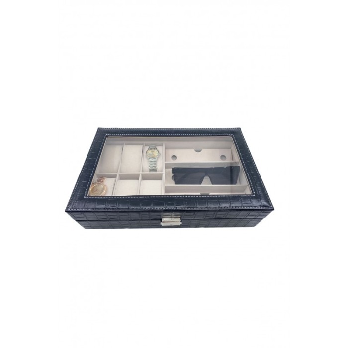 Cutie depozitare 2 in 1, pentru ceasuri si ochelari, piele ecologica de tip croco, negru, 33x20x9 cm,Doty®️ [2]