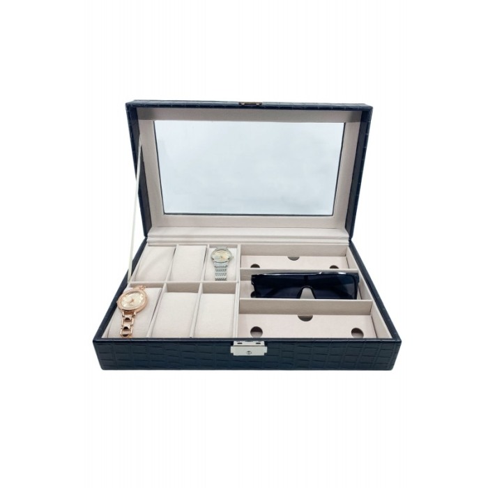 Cutie depozitare 2 in 1, pentru ceasuri si ochelari, piele ecologica de tip croco, negru, 33x20x9 cm,Doty®️ [5]
