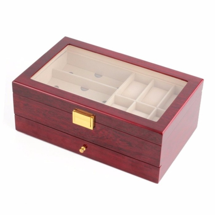 Cutie depozitare 6 ceasuri de lux , 3 ochelari, sertar pentru bijuterii, inchidere cu clema, culoare cires [3]
