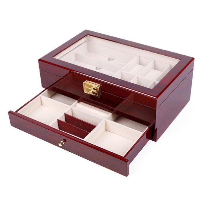 Cutie depozitare 6 ceasuri de lux , 3 ochelari, sertar pentru bijuterii, inchidere cu clema, culoare cires [6]