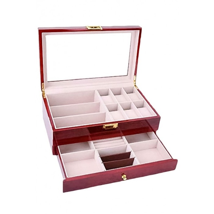 Cutie depozitare 6 ceasuri de lux , 3 ochelari, sertar pentru bijuterii, inchidere cu clema, culoare cires [7]