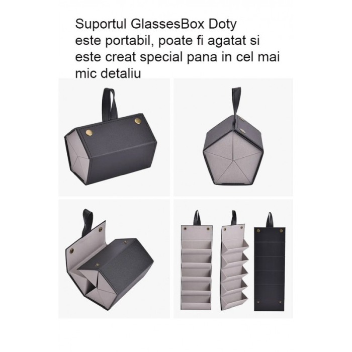 Cutie suport pentru ochelari GlassesBox Doty®, pliabil, portabila, 47x16 cm, 5 spatii, piele ecologica neagra [8]
