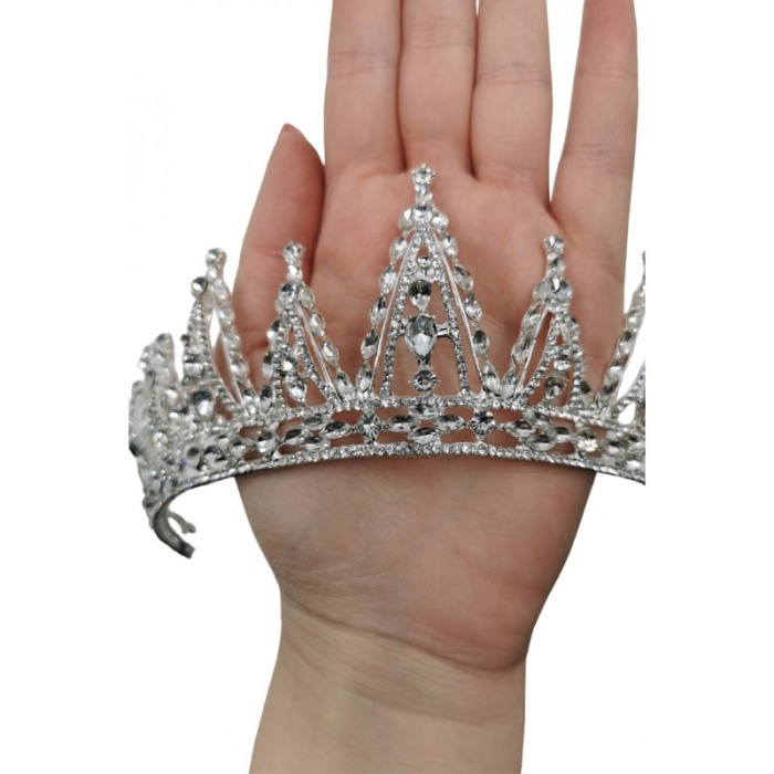 Diadema The Queen, stil regal, de mireasa, nasa, majorat, 35 cm, argintie, cristale acrilice, Doty®️ [3]