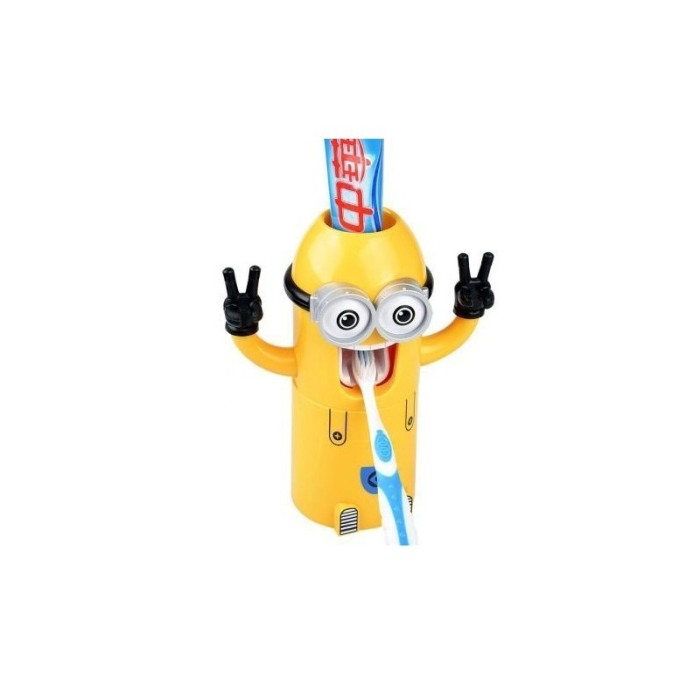 Dispenser pasta de dinti MyYellowFriend, design personaj animat,suport pentru 2 periute,galben,doty [4]