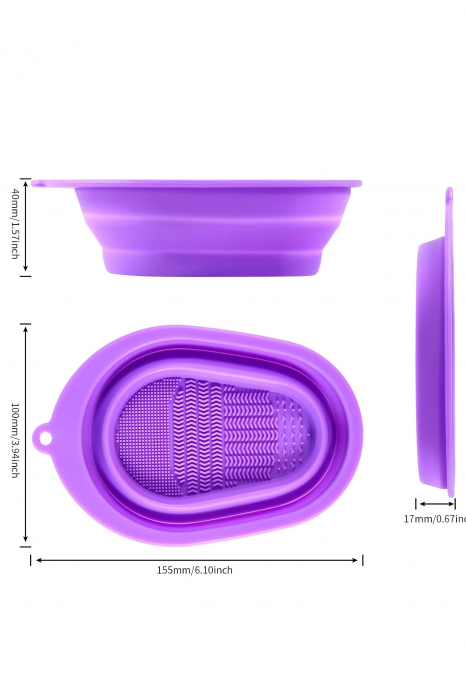 Dispozitiv manual de curatare pensule de machiaj BrushCleaner Basin Doty®, din silicon, cu 4 tipuri de striatii, tip cadita, portabil, pliabil, 15x10, mov [5]