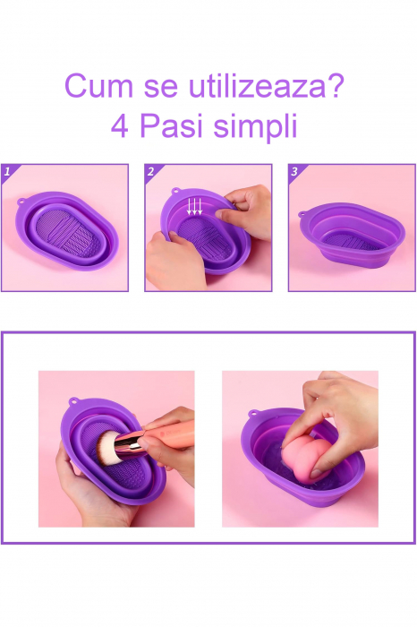 Dispozitiv manual de curatare pensule de machiaj BrushCleaner Basin Doty®, din silicon, cu 4 tipuri de striatii, tip cadita, portabil, pliabil, 15x10, mov [9]