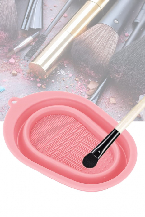 Dispozitiv manual de curatare pensule de machiaj BrushCleaner Basin Doty®, din silicon, cu 4 tipuri de striatii, tip cadita, portabil, pliabil, 15x10, roz pudra [8]