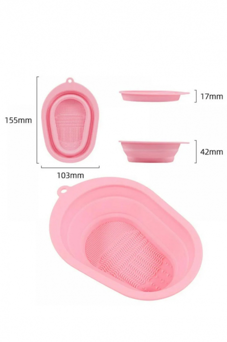 Dispozitiv manual de curatare pensule de machiaj BrushCleaner Basin Doty®, din silicon, cu 4 tipuri de striatii, tip cadita, portabil, pliabil, 15x10, roz pudra [2]