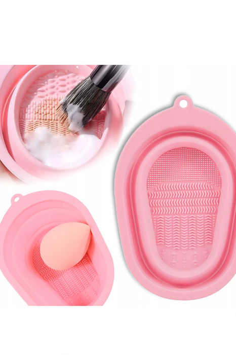 Dispozitiv manual de curatare pensule de machiaj BrushCleaner Basin Doty®, din silicon, cu 4 tipuri de striatii, tip cadita, portabil, pliabil, 15x10, roz pudra [10]