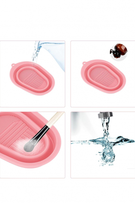 Dispozitiv manual de curatare pensule de machiaj BrushCleaner Basin Doty®, din silicon, cu 4 tipuri de striatii, tip cadita, portabil, pliabil, 15x10, roz pudra [6]