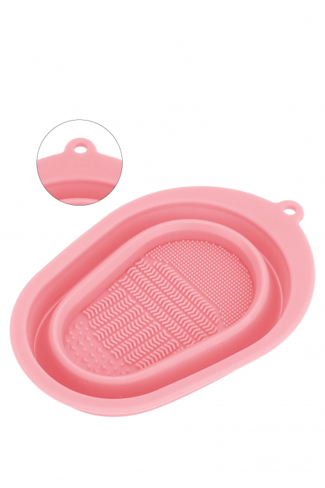 Dispozitiv manual de curatare pensule de machiaj BrushCleaner Basin Doty®, din silicon, cu 4 tipuri de striatii, tip cadita, portabil, pliabil, 15x10, roz pudra [4]