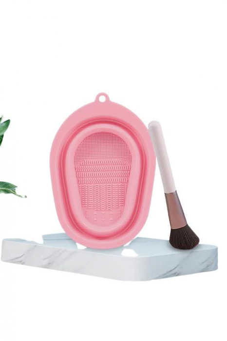 Dispozitiv manual de curatare pensule de machiaj BrushCleaner Basin Doty®, din silicon, cu 4 tipuri de striatii, tip cadita, portabil, pliabil, 15x10, roz pudra [9]