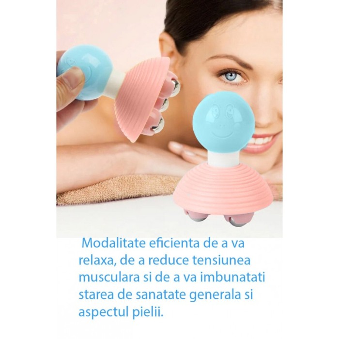 Dispozitiv pentru masaj SmileyRelax, cu 3 role din inox, manual, 9x7 cm, albastru/roz, Doty® [4]