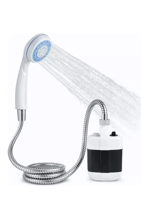 Dus portabil NomadFlow Doty®, reincarcabil, incarcare USB, cu ventuza si carlig pentru camping, gradina, exterior, furtun 1.5m, compact, USB, 2200mAh, alb/albastru [11]