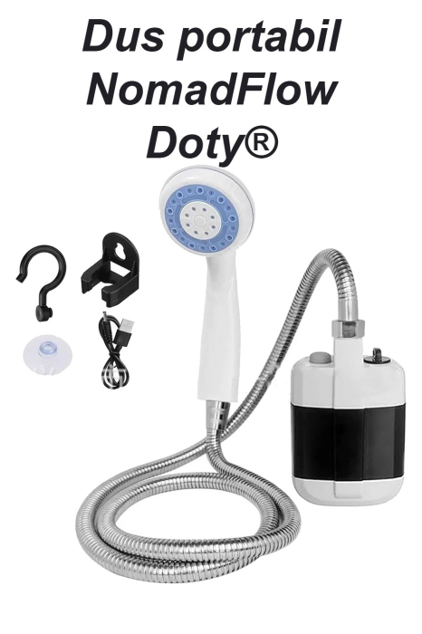 Dus portabil NomadFlow Doty®, reincarcabil, incarcare USB, cu ventuza si carlig pentru camping, gradina, exterior, furtun 1.5m, compact, USB, 2200mAh, alb/albastru [12]