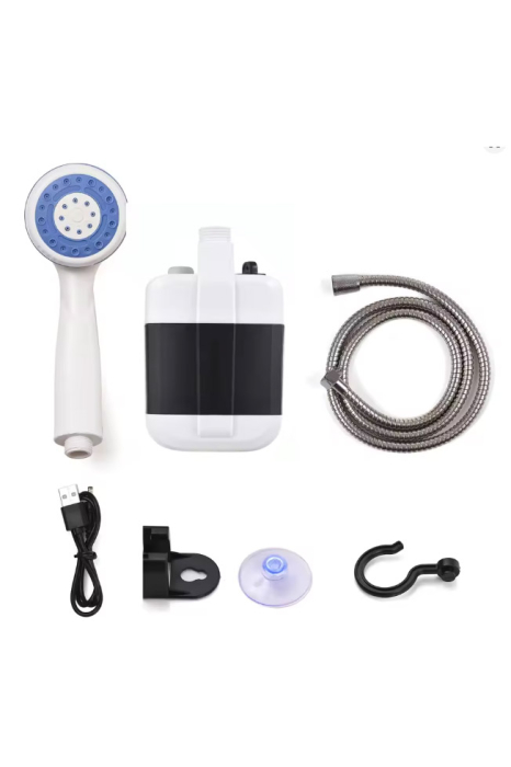 Dus portabil NomadFlow Doty®, reincarcabil, incarcare USB, cu ventuza si carlig pentru camping, gradina, exterior, furtun 1.5m, compact, USB, 2200mAh, alb/albastru [3]