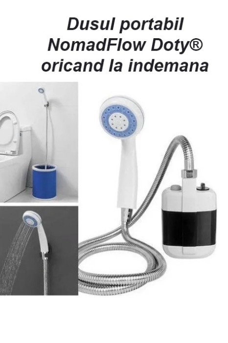 Dus portabil NomadFlow Doty®, reincarcabil, incarcare USB, cu ventuza si carlig pentru camping, gradina, exterior, furtun 1.5m, compact, USB, 2200mAh, alb/albastru [6]