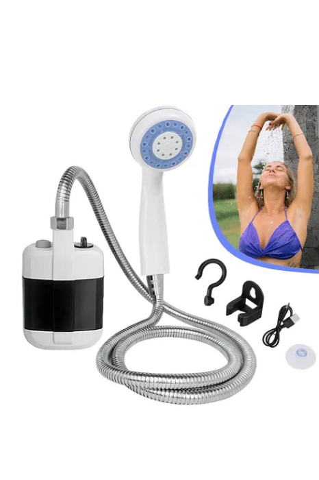 Dus portabil NomadFlow Doty®, reincarcabil, incarcare USB, cu ventuza si carlig pentru camping, gradina, exterior, furtun 1.5m, compact, USB, 2200mAh, alb/albastru [10]