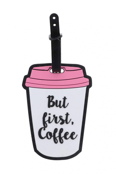Eticheta pentru identificare bagaj TagMe Doty®, design creativ, model pahar de cafea, prindere sigura, 10x7 cm, silicon, alb/roz [1]