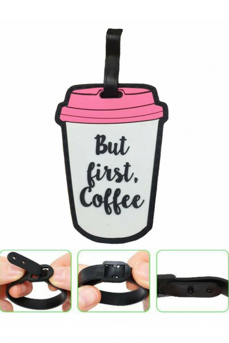 Eticheta pentru identificare bagaj TagMe Doty®, design creativ, model pahar de cafea, prindere sigura, 10x7 cm, silicon, alb/roz [4]