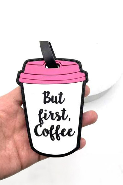 Eticheta pentru identificare bagaj TagMe Doty®, design creativ, model pahar de cafea, prindere sigura, 10x7 cm, silicon, alb/roz [6]