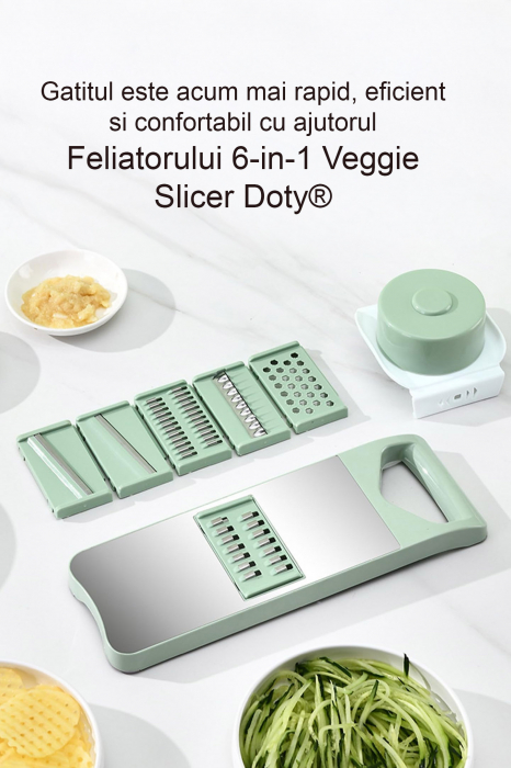 Feliator 6-in-1 Veggie Slicer Doty®, cu 6 lame, suport de prindere, recipient, materiale de calitate, otel inoxidabil, usor de utilizat si curatat, verde [7]