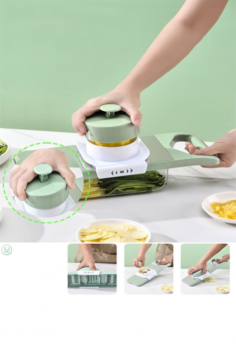 Feliator 6-in-1 Veggie Slicer Doty®, cu 6 lame, suport de prindere, recipient, materiale de calitate, otel inoxidabil, usor de utilizat si curatat, verde [9]