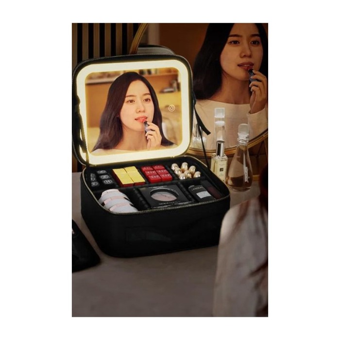 Geanta cosmetica AlwaysBeauty Doty®, cu oglinda inclusa, compartimentata, inchidere fermoar, 26x23 cm, negru [5]