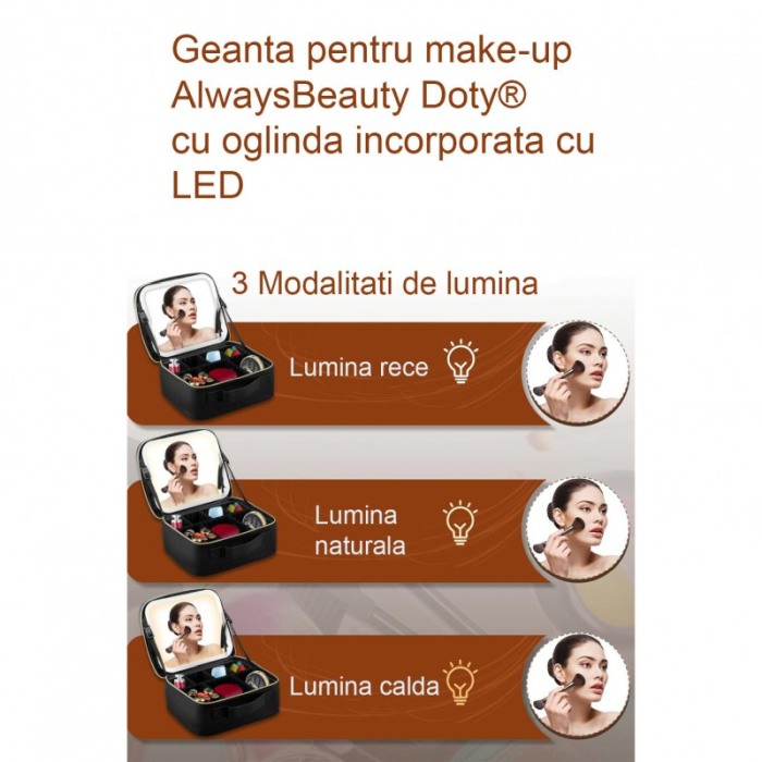 Geanta cosmetica AlwaysBeauty Doty®, cu oglinda inclusa, compartimentata, inchidere fermoar, 26x23 cm, negru [8]