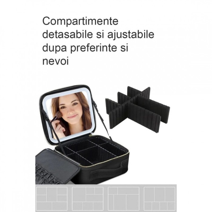 Geanta cosmetica AlwaysBeauty Doty®, cu oglinda inclusa, compartimentata, inchidere fermoar, 26x23 cm, negru [2]