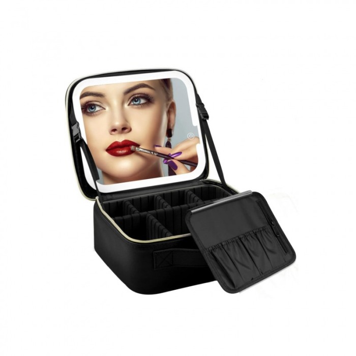 Geanta cosmetica AlwaysBeauty Doty®, cu oglinda inclusa, compartimentata, inchidere fermoar, 26x23 cm, negru [10]