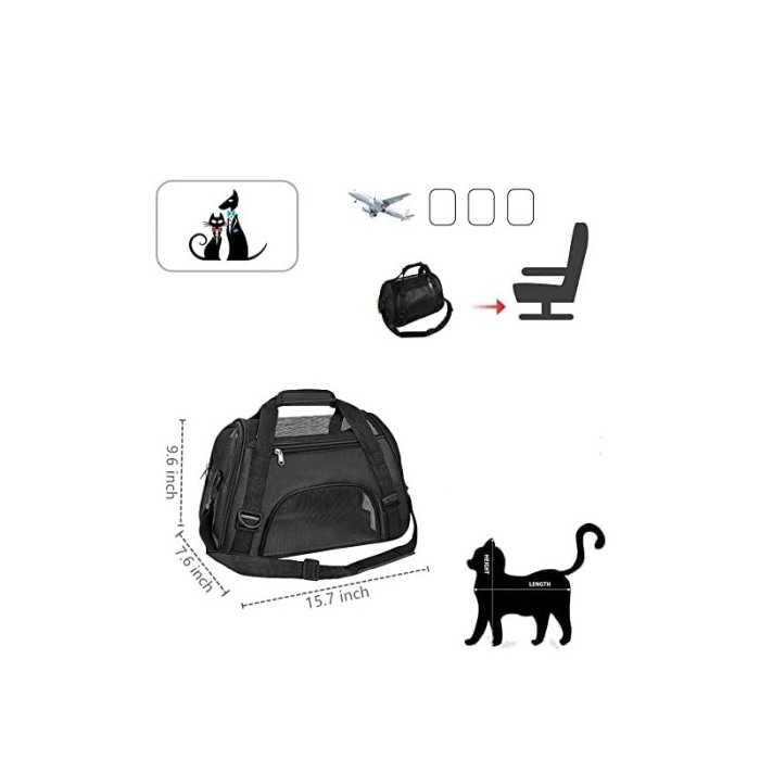 Geanta transport animale de talie mica PetBag, 53x27x36 cm, negru, spatiile aerisire, curele rezistente, Doty®️ [8]