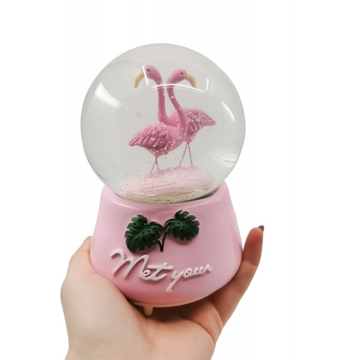 Glob de sticla cu apa si zapada FlamingoEffect, cu efecte sonore, design creativ, functioneaza cu baterii, 15x11 cm, roz [4]