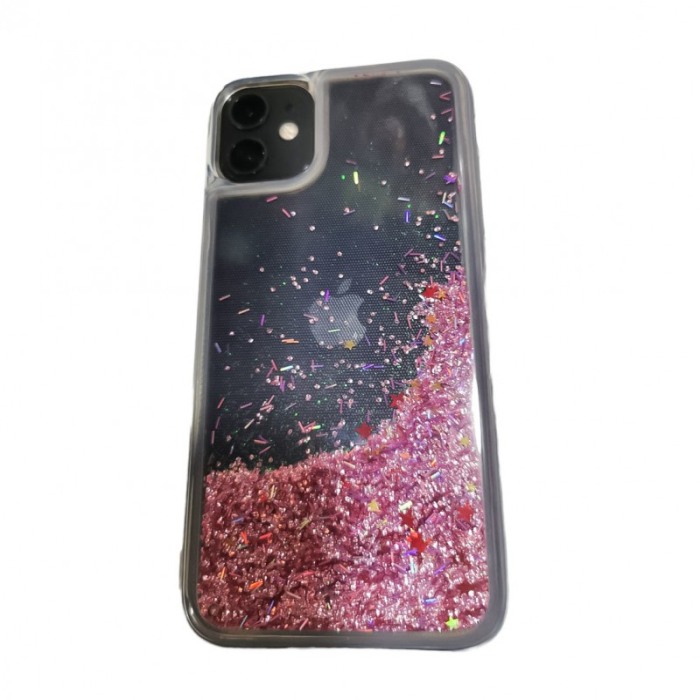 Husa compatibila cu iPhone 11 Wavy Glitter, 6.1 inch, liquid silicone, margini intarite si iesite in relief, roz [3]
