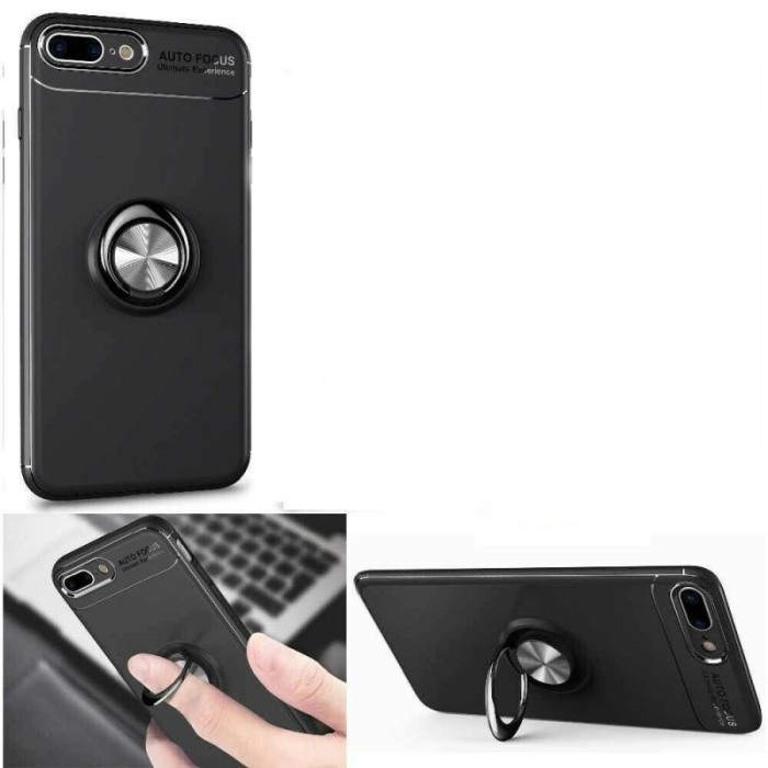 Husa  iPhone 8 Plus , Negru , Suport tip Inel, Inel albastru,Inel cu rotatie de 360 grade, Liquid Silicone [2]
