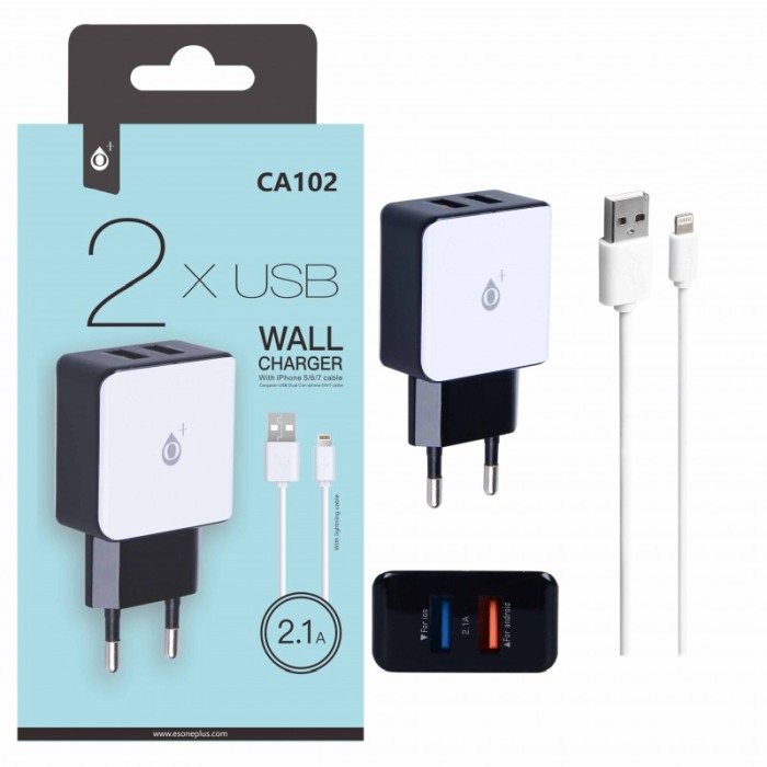 Incarcator retea Iphone , Lightning, 2.1A,  incarcator priza si cablu Alb cu negru [2]