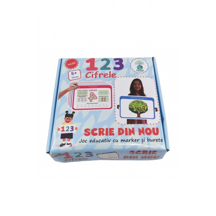 Joc de excercitii ,,Scrie din nou", model cu cifre, 18 tablite cu 2 fete, marker lavabil si burete de sters, 16x11 cm, Doty®️ [3]