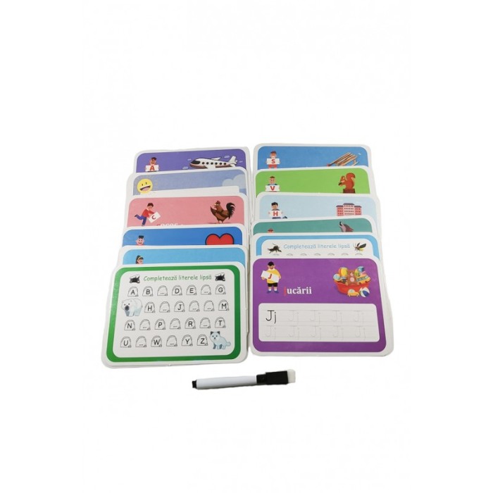Joc de excercitii ,,Scrie din nou", model cu litere, 18 tablite cu 2 fete, marker lavabil si burete de sters, 16x11 cm, Doty®️ [2]