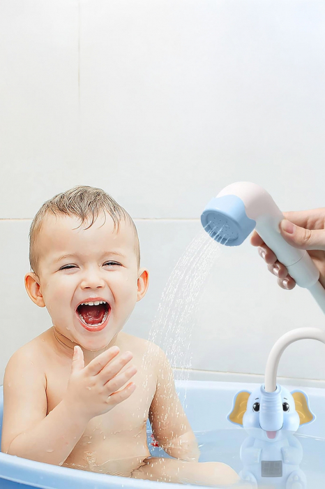 Jucarie de baie electrica tip para de dus BathElephant Shower Doty®, distractiva, design elefant, cu termomentru electronic, buton ON/OFF, USB inclus, baby blue [5]