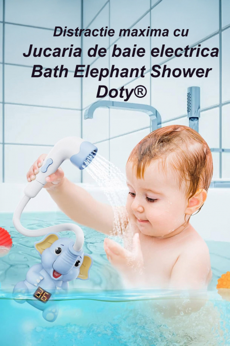 Jucarie de baie electrica tip para de dus BathElephant Shower Doty®, distractiva, design elefant, cu termomentru electronic, buton ON/OFF, USB inclus, baby blue [2]