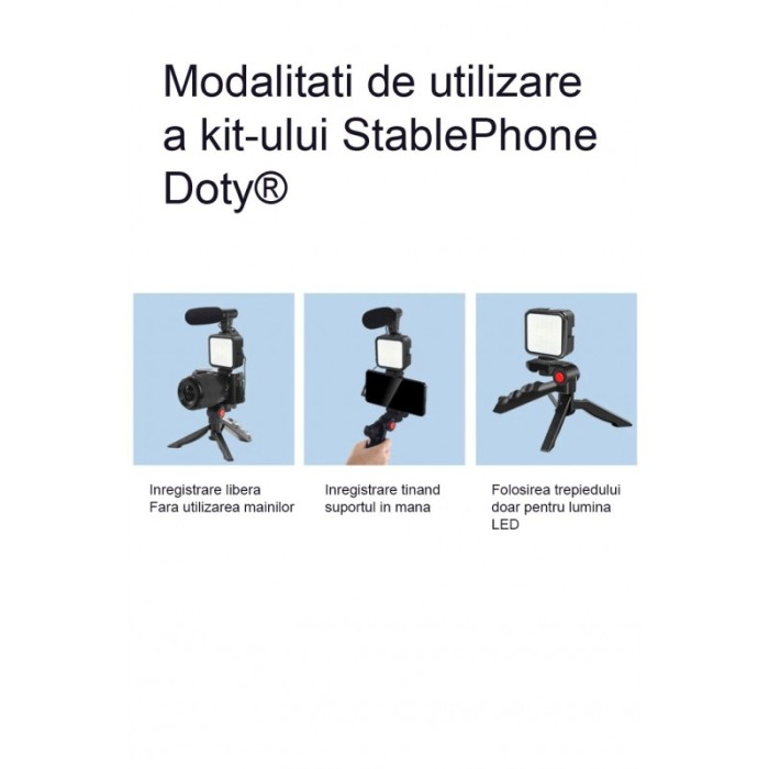 Kit cu trepied reglabil pentru telefon/aparat foto StablePhone Doty®, vlogging/podcasturi, microfon, LED, telecomanda [6]