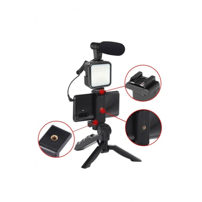 Kit cu trepied reglabil pentru telefon/aparat foto StablePhone Doty®, vlogging/podcasturi, microfon, LED, telecomanda [7]
