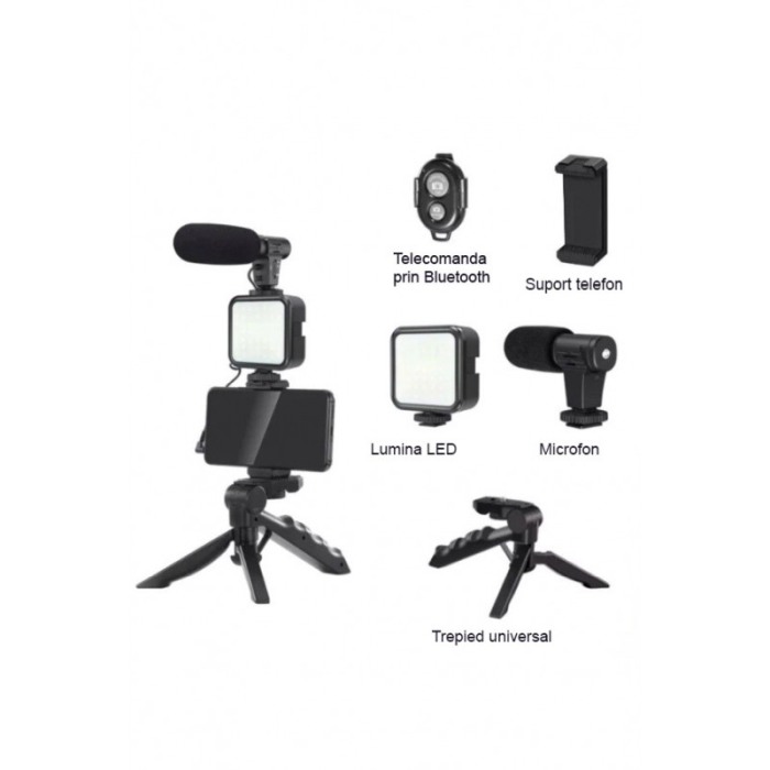 Kit cu trepied reglabil pentru telefon/aparat foto StablePhone Doty®, vlogging/podcasturi, microfon, LED, telecomanda [4]