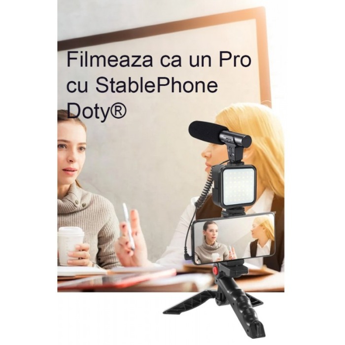 Kit cu trepied reglabil pentru telefon/aparat foto StablePhone Doty®, vlogging/podcasturi, microfon, LED, telecomanda [3]
