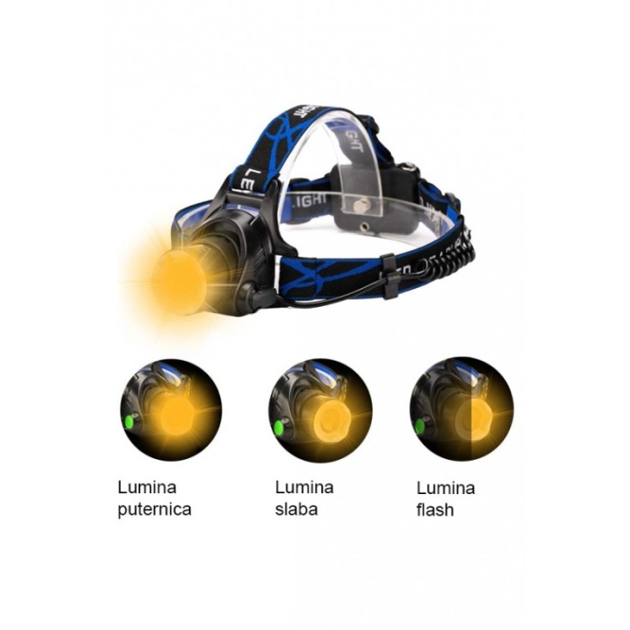 Lanterna frontala pentru cap BombLight, 3 Moduri Iluminare, Raza 800M, functioneaza cu baterii, negru/albastru [1]
